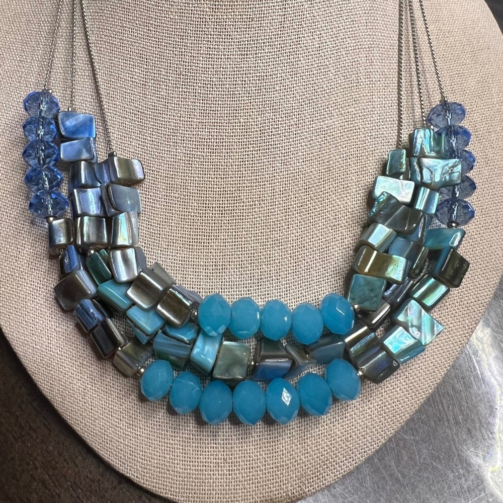 Blue Shell Bead Abalone Statement Necklace Fashion Jewelry Three Strand‎ 17 in - Picture 3 of 5